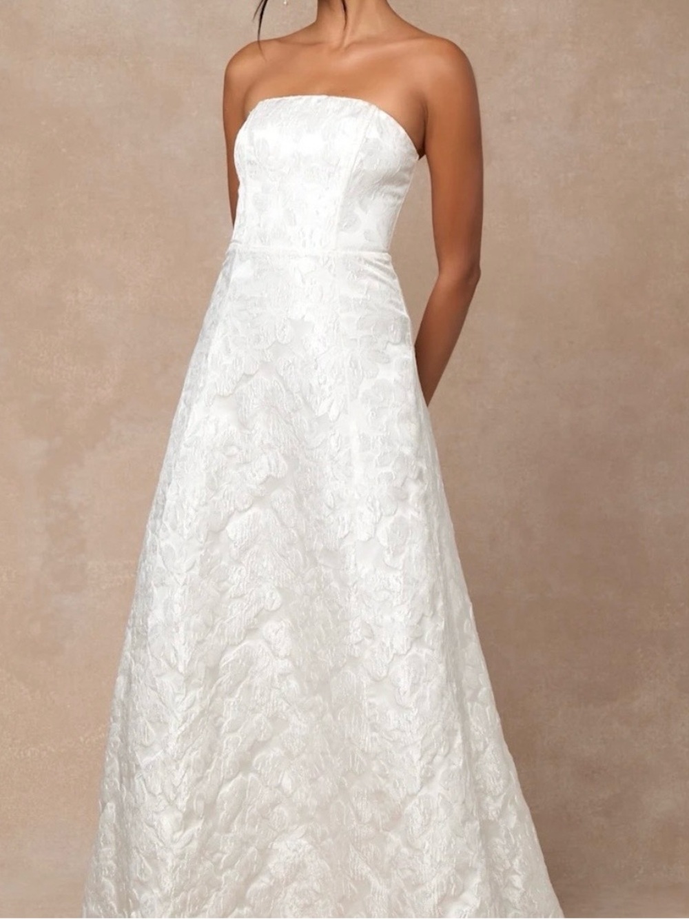 Lulu's Strapless White Floral Jacquard Maxi Dress